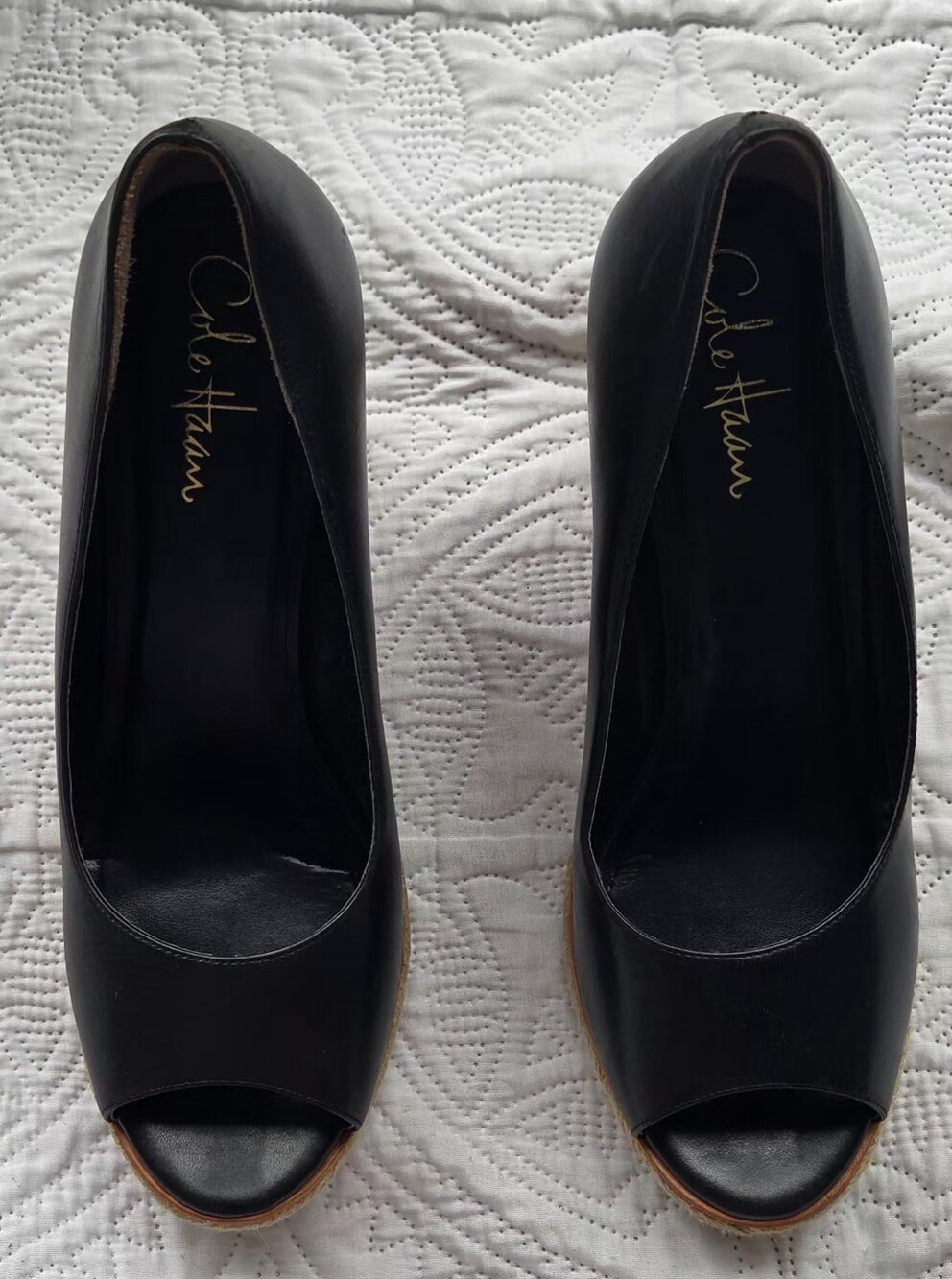 Cole Haan Peep Toe, Sz 8.5, Black Cork Wedge